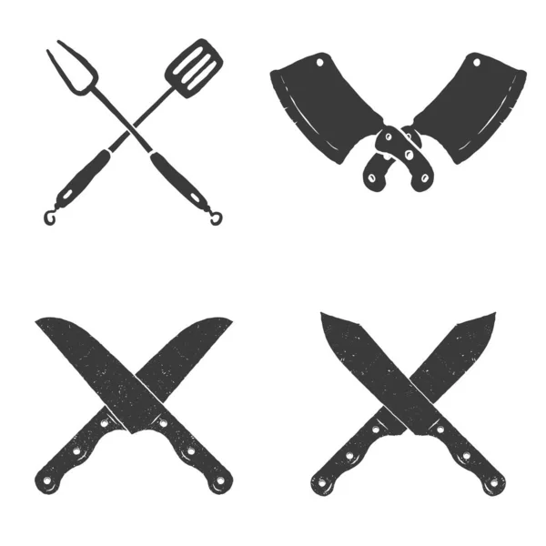 Set Restaurant Knives Icons Crossed Fork Kitchen Spatula Butcher Design — 图库照片