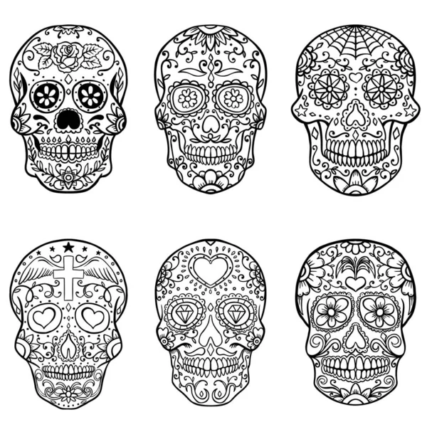 Set Hand Drawn Sugar Skulls Day Dead Dia Los Muertos — Stock Photo, Image