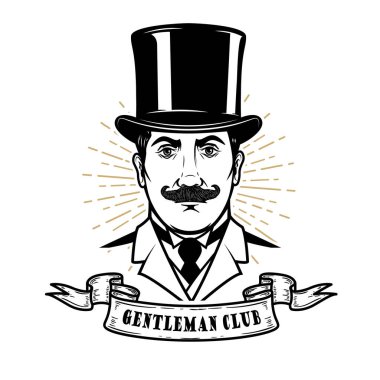 Gentleman club. Man head in vintage hat. Design element for logo, label, emblem, sign, poster, label. 