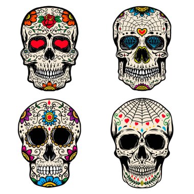 Beyaz arka planda izole şeker kafatasları seti. Dia de los Muertos. Ölüler Günü.
