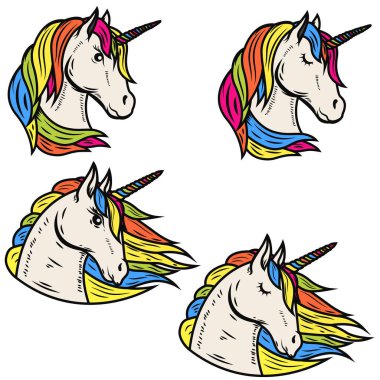 Set of magic unicorn illustrations isolated on white background. Design elements for emblem, badge, label, sign.