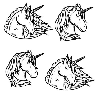 Beyaz arkaplanda izole edilmiş tek boynuzlu at başları kümesi.