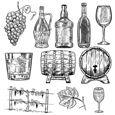 Wine. Set of wine bottles, grape, glass, wood barrels. Design elements for poster, menu.