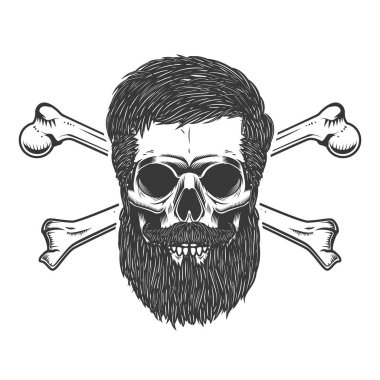 bearded skull with crossbones. Design element for emblem, sign, label, poster. 