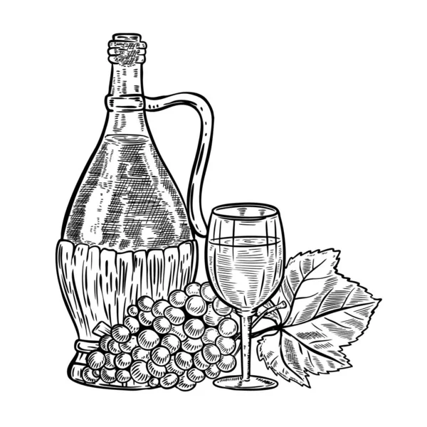 Vintage wine bottle with grapes and wine glass. Design elements for menu, poster, card.
