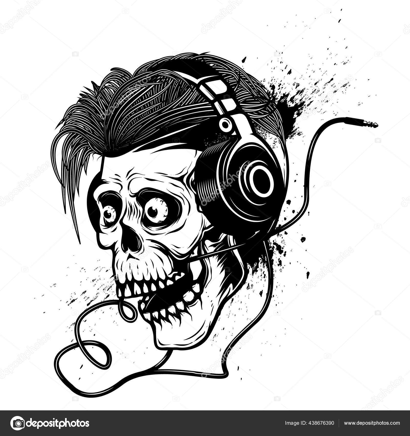 Totenkopf Mit Kopfhörern Auf Grunge Hintergrund Designelement Für Plakat  Emblem-Stockillustration von ©art-l@i.ua #438676390
