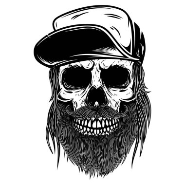Bearded skull in baseball cap. Design element for t shirt, poster, emblem, sign. 