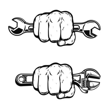 Human fist with wrench. Design element for poster, emblem, sign, badge.