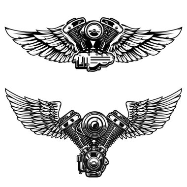 Set of winged motorcycle engine. Design elements for poster, emblem, sign, logo, label, emblem.