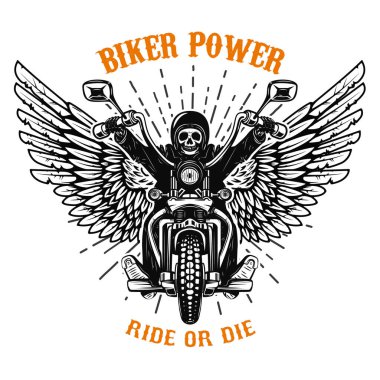 Biker power. Ride or die. Human skull on winged motorcycle. Design elements for poster, emblem, sign, logo, label, emblem. 