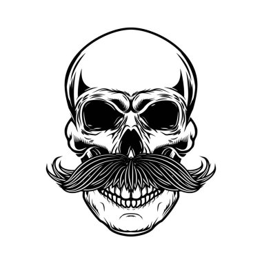 Beyaz arka planda izole edilmiş bıyıklı kafatası. Poster, amblem ve tişört için tasarım ögesi. 