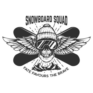 Snowboard takımı. Snowboard 'lu bir kafatası. Amblem, işaret, etiket, poster için tasarım ögesi.