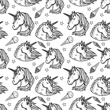 Tek boynuzlu at kafası ve dondurması olan kusursuz bir desen.. 