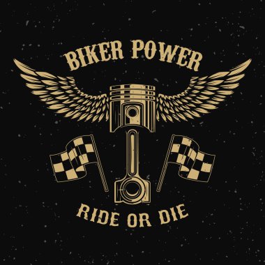 Motorcu gücü. Arka planda kanatları olan bir tabanca. Logo, etiket, amblem, işaret, rozet, tişört, poster için tasarım ögesi. 