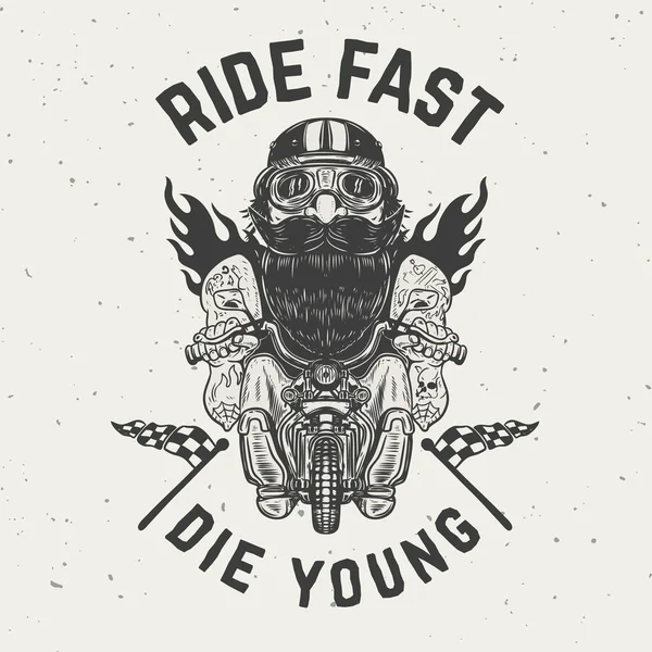 Ride fast die young. Funny biker character on grunge background. Design element for poster, t shirt, card, banner.