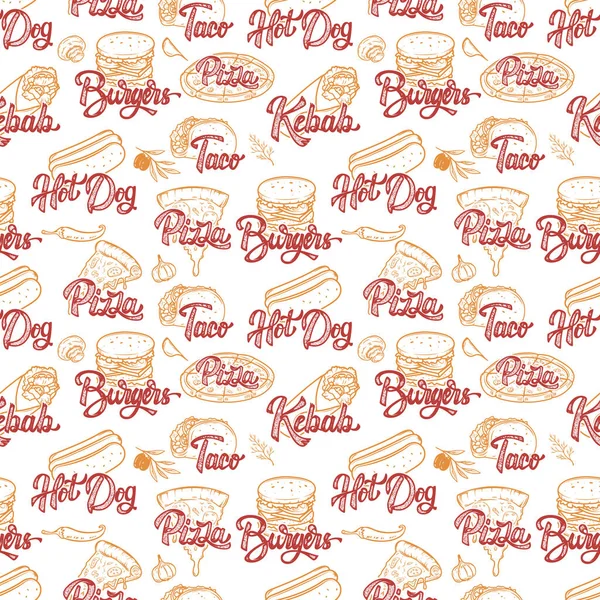 Street food seamless pattern. Kebab, taco, burger, hot dog.