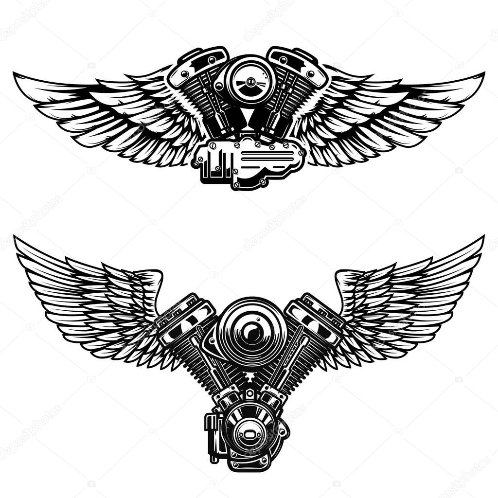 Set of winged motorcycle engine. Design elements for poster, emblem, sign, logo, label, emblem.