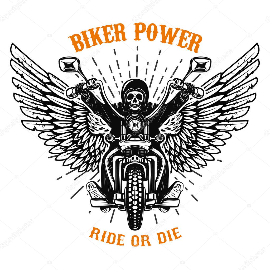 Biker power. Ride or die. Human skull on winged motorcycle. Design elements for poster, emblem, sign, logo, label, emblem. 