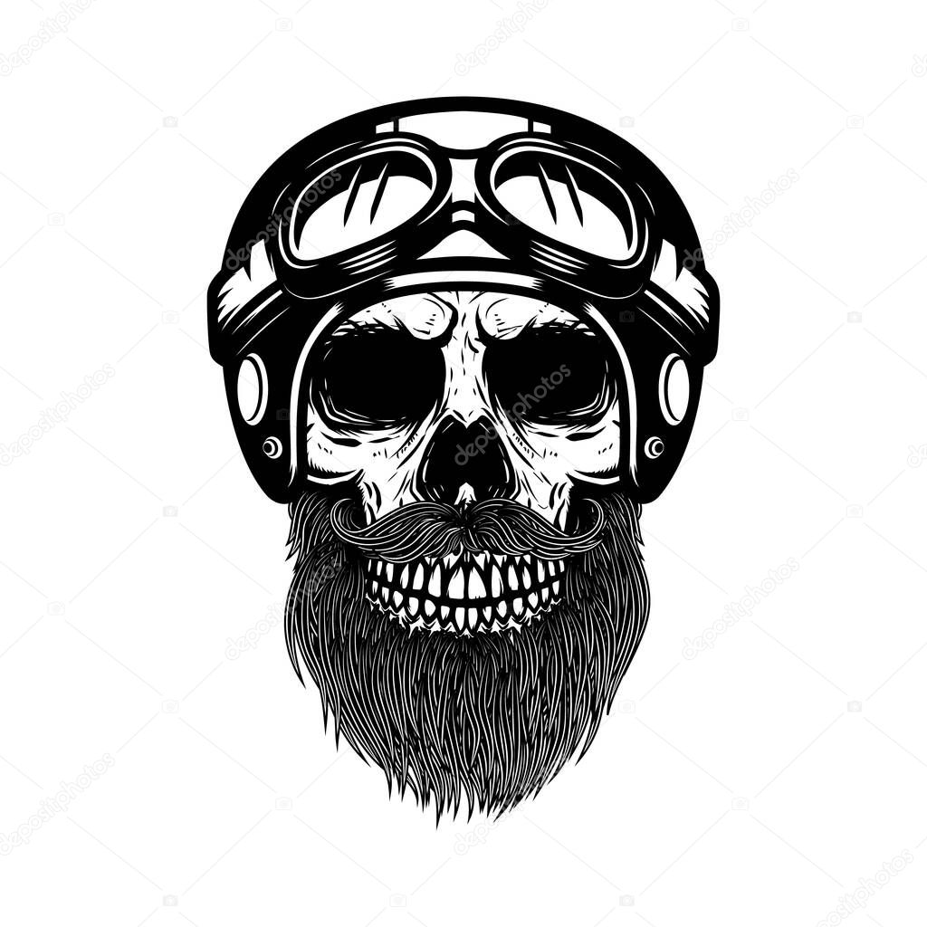 Bearded skull in racer helmet. Design element for logo, label, emblem, sign, poster, banner. Vector illustration