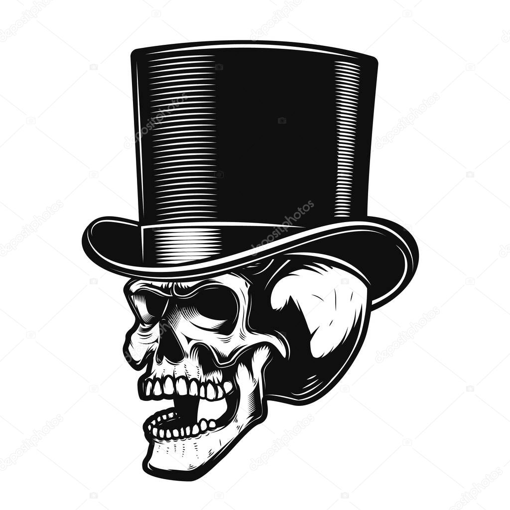 Skull in gentleman hat. Design element for poster, emblem, sign, t shirt.