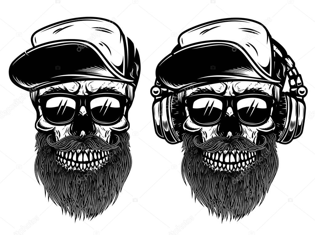 Human skulls with sunglases, baseball cap and headphones. Design element for logo, label, emblem, sign. 