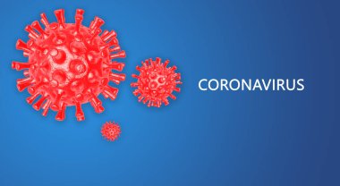 Coronavirus. Banner şablonu mavi arka planda 3 boyutlu koronavirüs bakterisi çizimi. Poster, kart, afiş, el ilanı için tasarım ögesi.