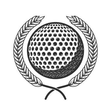 Defne çelenkli golf topu. Logo, etiket, işaret, poster, kart, rozet için tasarım elemanı. Vektör illüstrasyonu