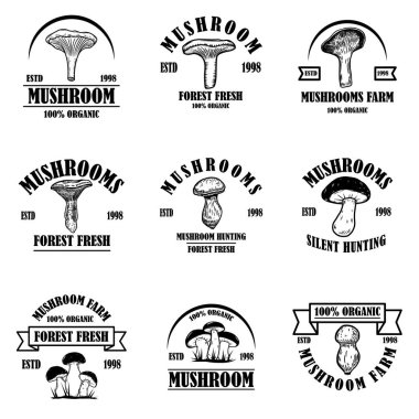 Mantarlı amblemler. Poster, logo, etiket, işaret, rozet tasarımı. Vektör illüstrasyonu