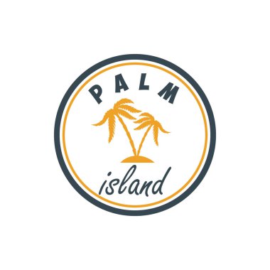 Palm Adası. Palmiyeli yaz amblemi. Logo, etiket, işaret, rozet için tasarım elemanı. Vektör illüstrasyonu