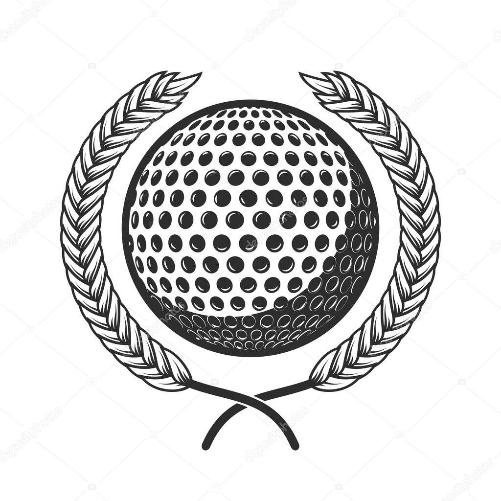 Golf ball with laurel wreath. Design element for logo, label, sign, poster, card, badge. Vector illustration
