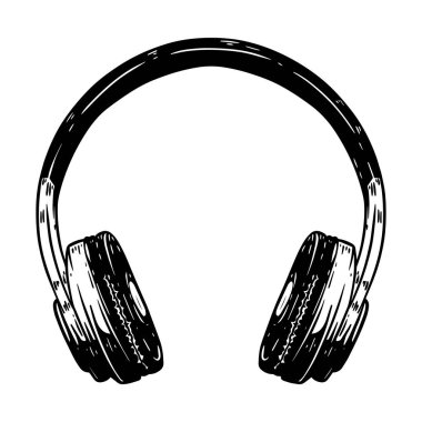 Beyaz arka planda izole edilmiş kulaklıkların el çizimi. Poster, tişört, kart, amblem, imza, rozet tasarımı. Vektör illüstrasyonu