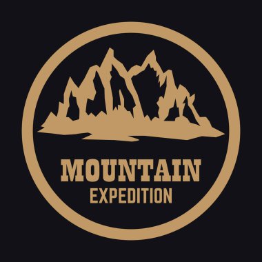 Dağ turizmi amblemi. Logo, etiket, işaret, poster için tasarım elemanı. Vektör illüstrasyonu