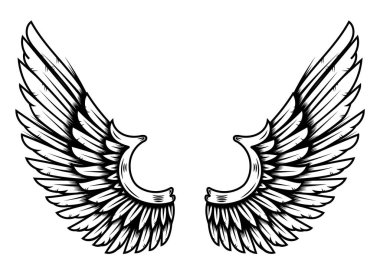 Dövme tarzında kanatlar beyaz arka planda izole edilmiş. Poster, tişört, kart, amblem, imza, rozet tasarımı. Vektör illüstrasyonu