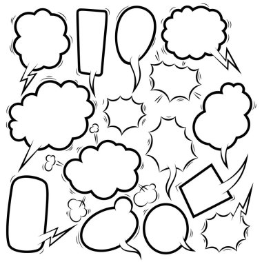 Boş komik konuşma baloncukları seti. Poster, kart, afiş ve el ilanları için tasarım elemanı. Vektör illüstrasyonu