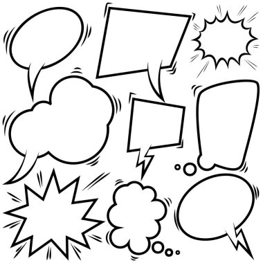 Boş komik konuşma baloncukları seti. Poster, kart, afiş ve el ilanları için tasarım elemanı. Vektör illüstrasyonu