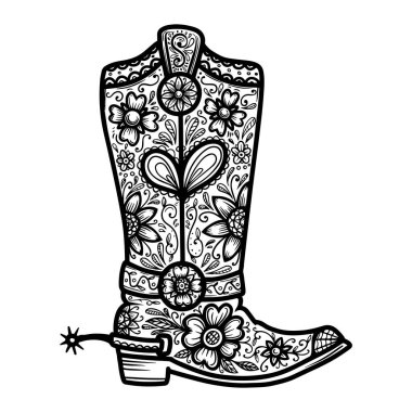Çiçek desenli kovboy çizmesi. Poster, tişört, amblem, imza için tasarım ögesi. 