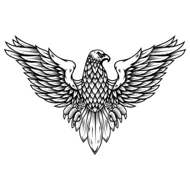 Kabartma stilinde Kartal çizimi. Logo, etiket, işaret, poster, rozet, amblem için tasarım elemanı. Vektör illüstrasyonu