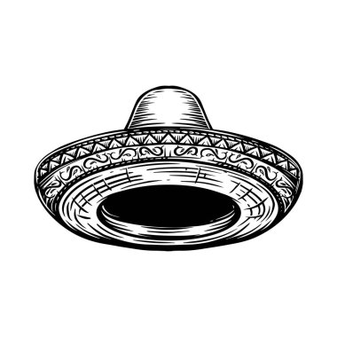 Meksika sombrerosunun bir çizimi. Poster, tişört, amblem, imza için tasarım elemanı. Vektör illüstrasyonu