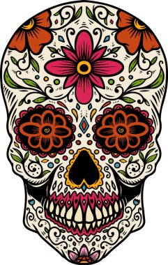 El çizimi Meksika şeker kafatası beyaz arka planda izole. Poster, kart, pankart, tişört, amblem, imza için tasarım öğesi. Vektör illüstrasyonu