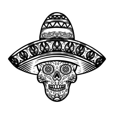 Sombrero 'da Meksika şekerli kafatası. Ölüm teması günü. Poster, tişört, amblem, imza için tasarım ögesi.
