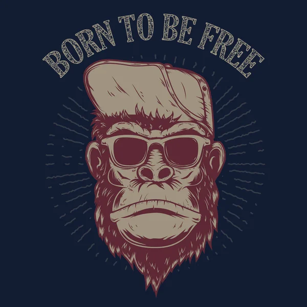 自由の身として生まれる グランジの背景に猿のイラスト ポスター Tシャツ エンブレム サインのデザイン要素 — ストックベクタ