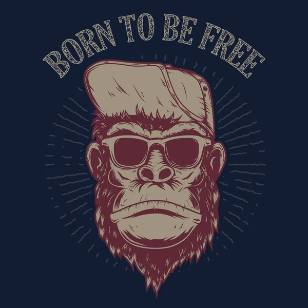 Född Att Vara Fri Monkey Illustration Grunge Bakgrund Design Element — Stock vektor