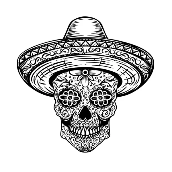 Cráneo Azúcar Mexicano Sombrero Día Del Tema Muerto Elemento Diseño — Vector de stock