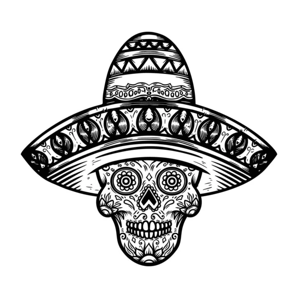 Mexikanischer Zuckerschädel Sombrero Tag Des Todes Gestaltungselement Für Plakat Shirt — Stockvektor