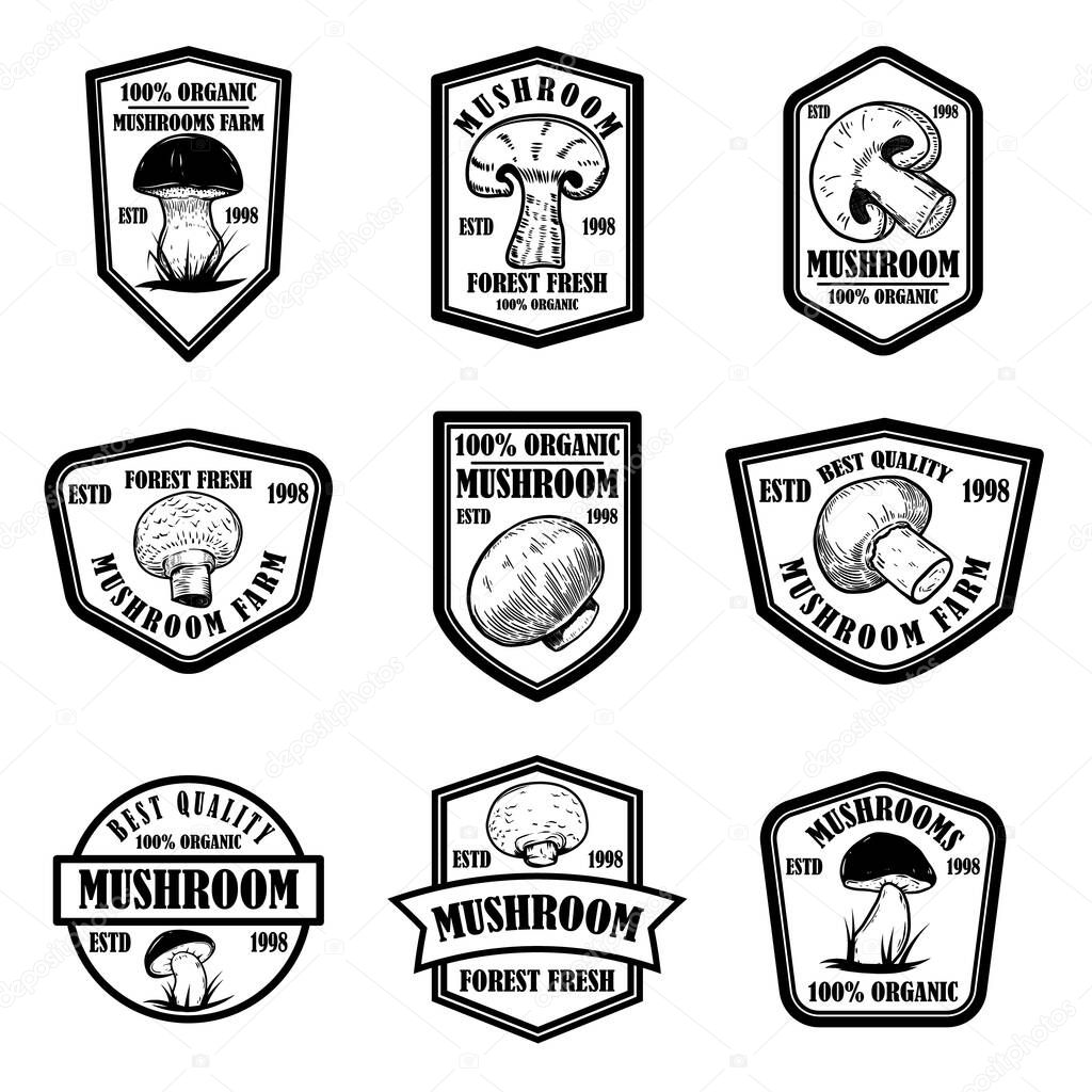 Set of emblems with mushrooms. Design element for poster, logo, label, sign, badge.