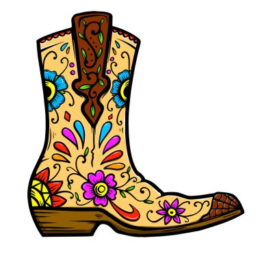 Çiçek desenli kovboy çizmesi. Poster, tişört, amblem, imza için tasarım ögesi. 