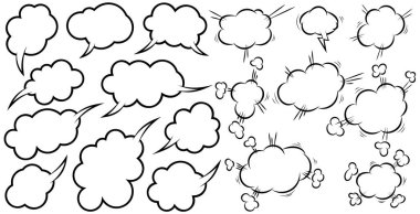 Boş komik konuşma baloncukları seti. Poster, tişört, amblem, işaret, etiket, afiş, el ilanı için tasarım elemanı. Vektör illüstrasyonu 