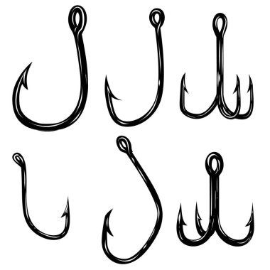 Balıkçı kancalarının beyazı izole edilmiş hali. Poster, kart, afiş, el ilanı, menü, amblem, imza için tasarım ögesi. Vektör illüstrasyonu