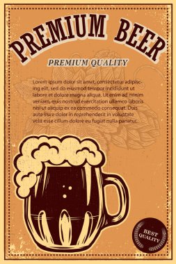 Bira ve bira bardaklı poster şablonu. Poster, tişört, amblem, imza, etiket tasarımı. Vektör illüstrasyonu 