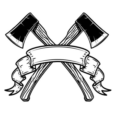 Kurdeleli iki çapraz balta. Logo, etiket, işaret, poster, kart, pankart için tasarım elemanı. Vektör illüstrasyonu